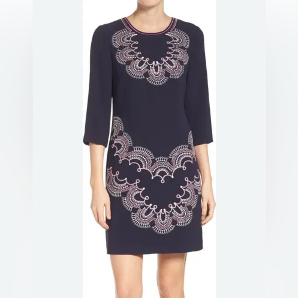 ELIZA J Embellished Crepe A-line 3/4 sleep straight woman quiet luxury dress 4